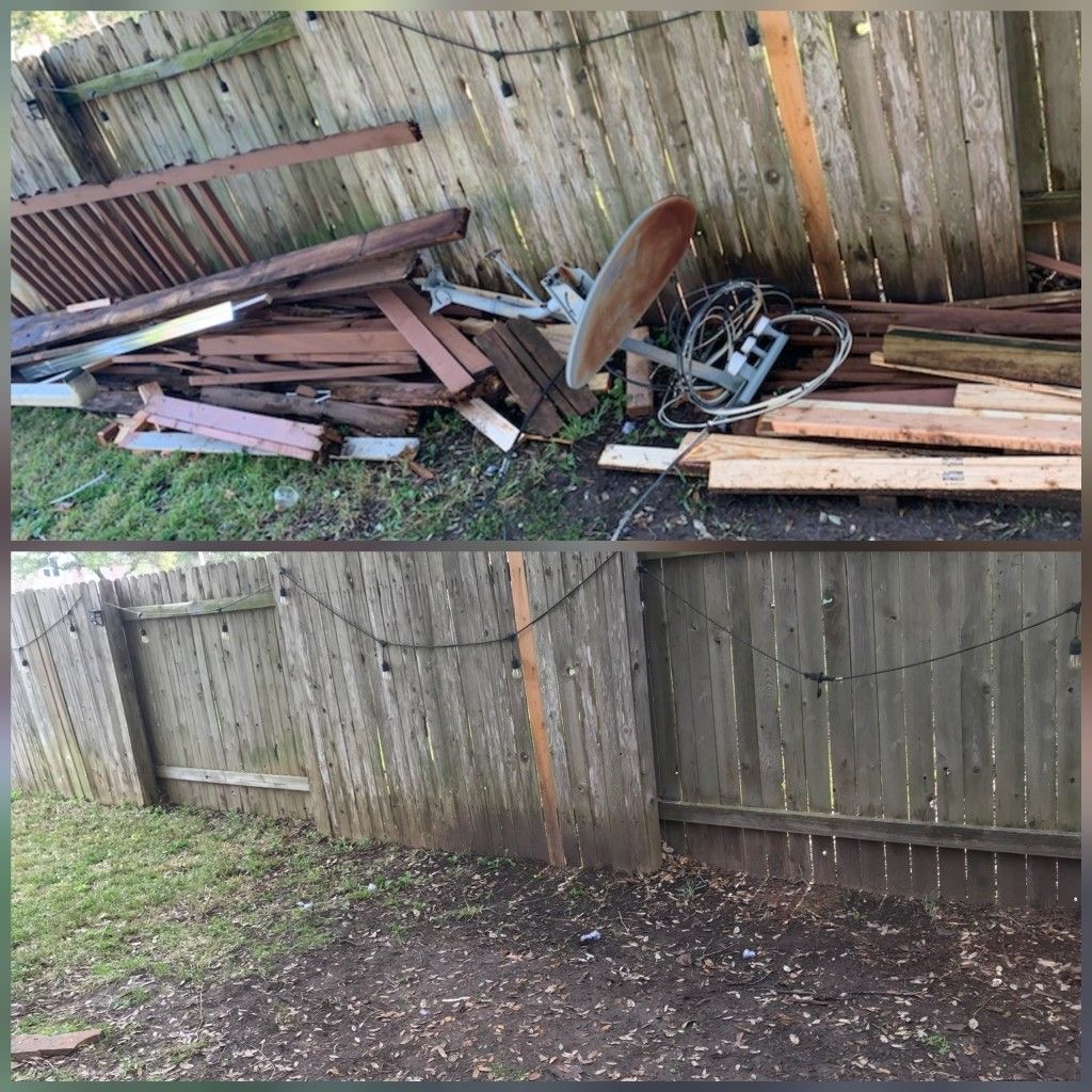 Yard waste removal in Houston TX — fence-line lumber and scrap cleared